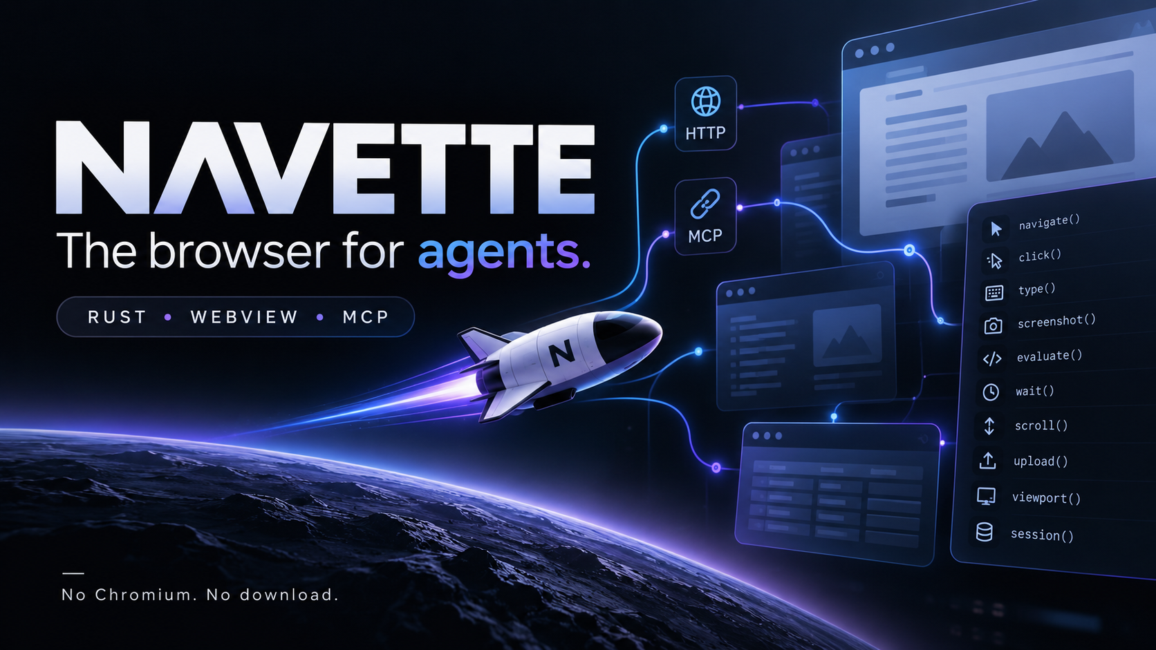 navette — the browser for agents. A shuttle orbits browser windows and MCP calls: navigate, click, type, screenshot, evaluate, wait, scroll, upload, viewport, session.