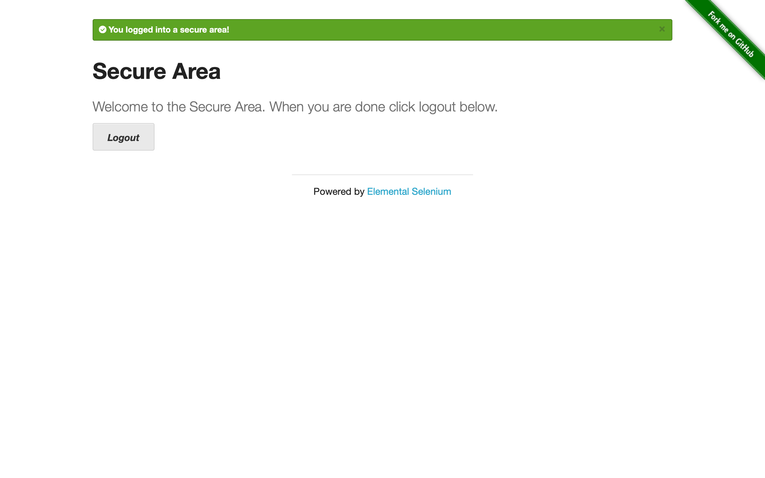 A logged-in 'Secure Area' page with a green confirmation banner — the result of a human login performed inside a visible navette session.