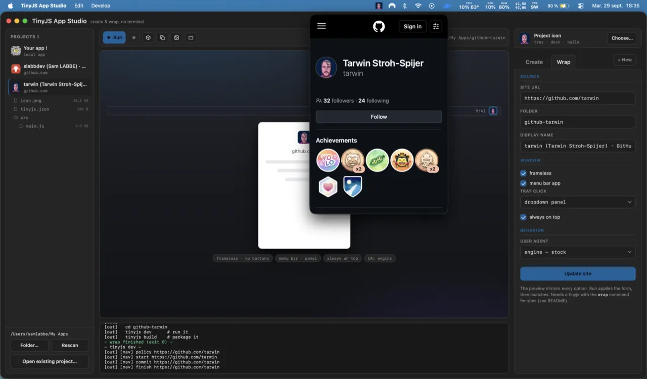 A GitHub profile pinned above everything in an always-on-top dropdown panel