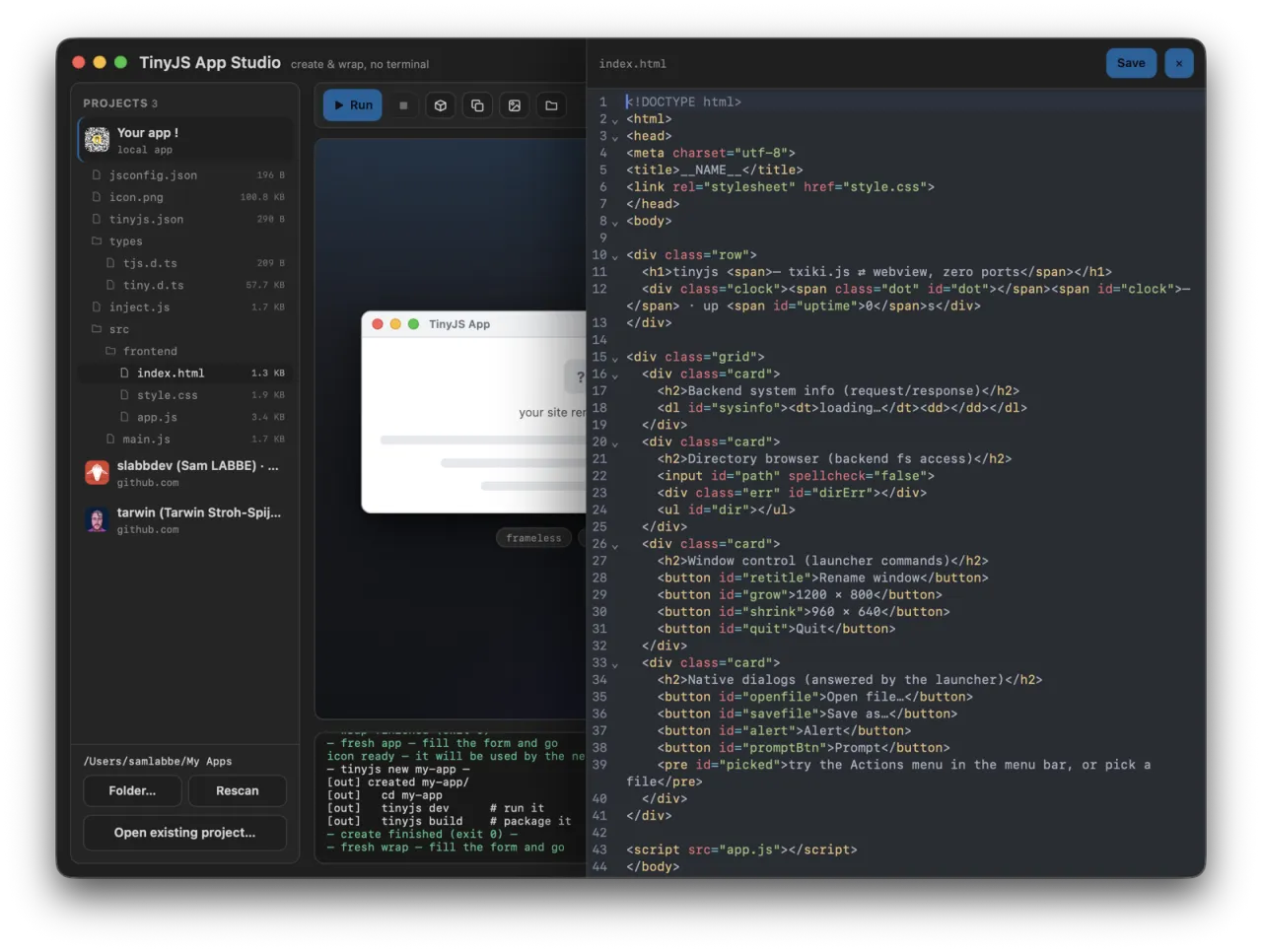 The file offcanvas — index.html open in the CodeMirror editor