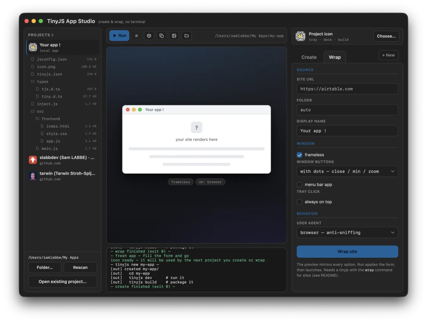 TinyJS App Studio — the workspace with projects sidebar, live preview and the Wrap panel