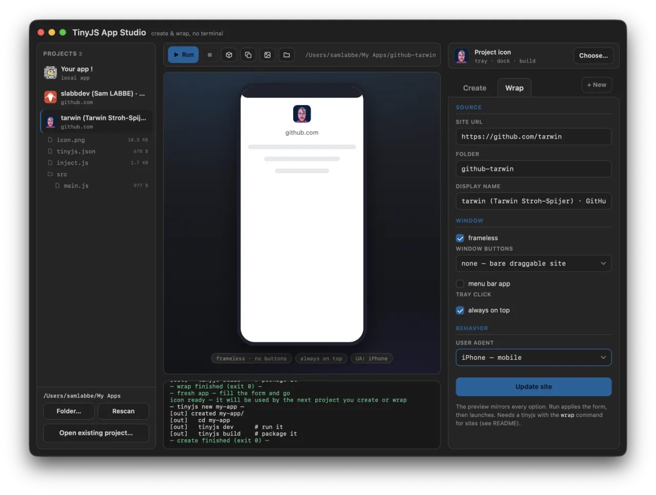 iPhone user-agent preset — the preview becomes a phone frame