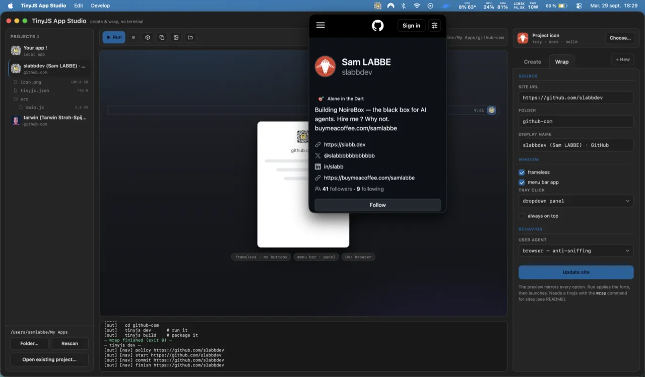 Menu-bar mode — the wrapped site opens under its tray icon