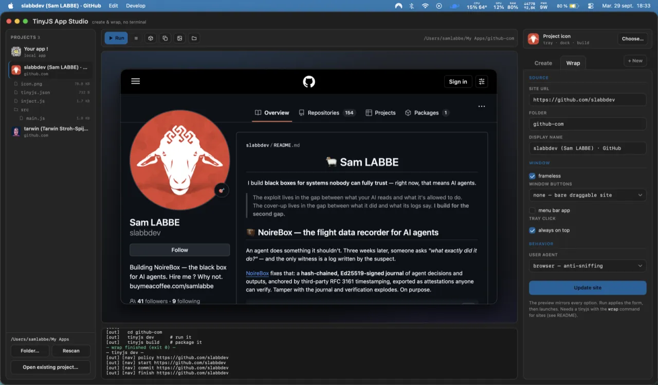 A wrapped GitHub profile in a frameless native window